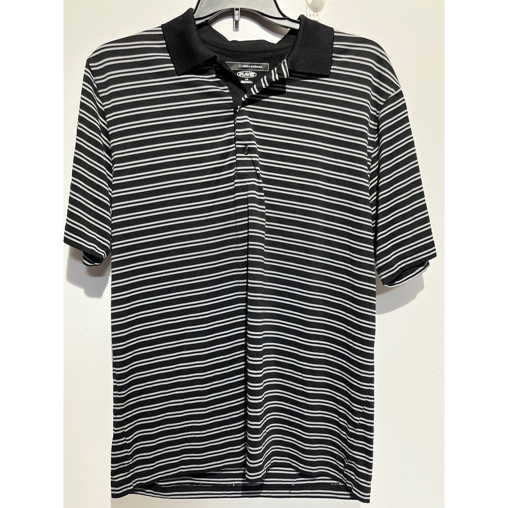 Greg Norman Play Dry Mens Large Black White Striped Short Sleeve Golf Polo Shirt